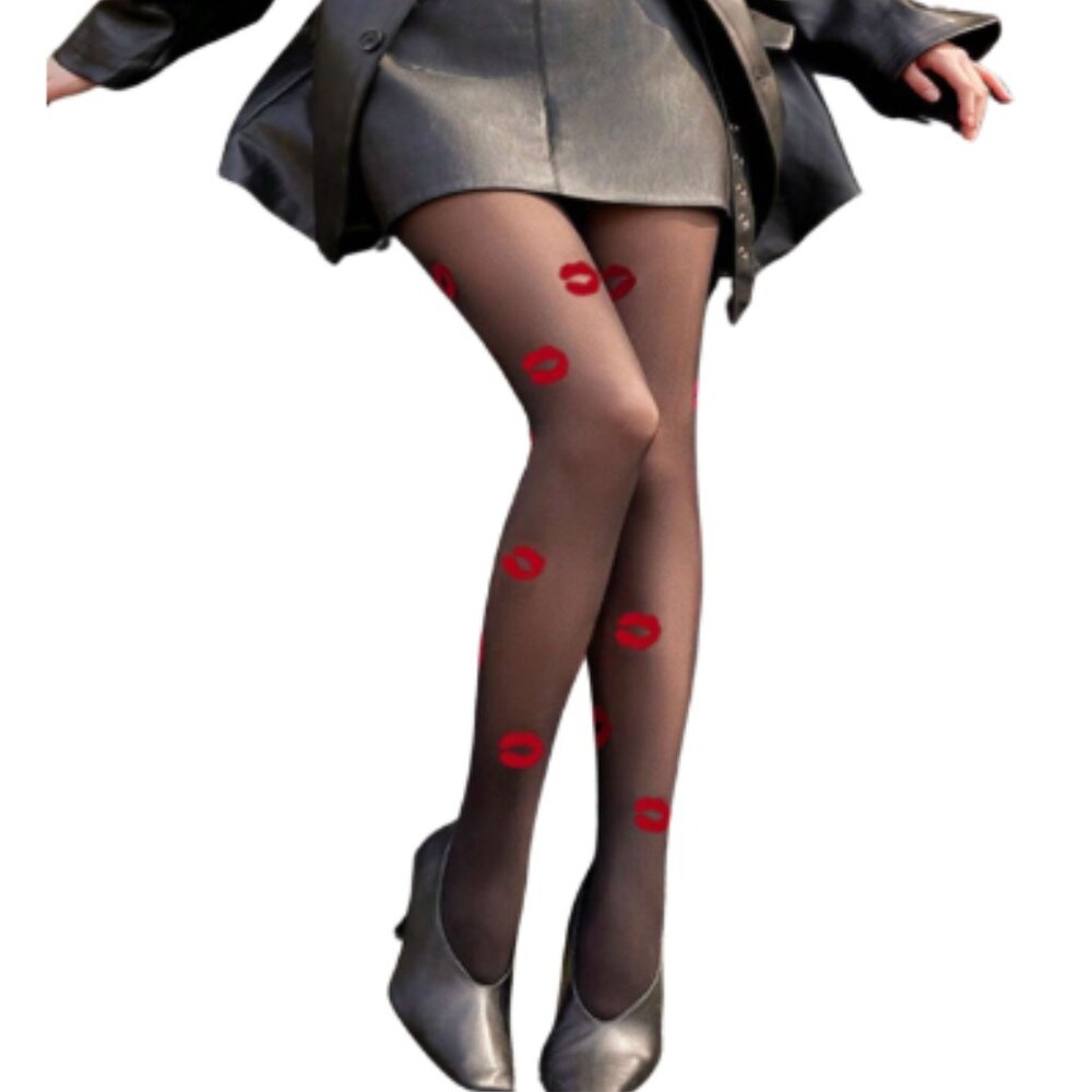 Chic Sheer Red Kiss-Patterned Tights